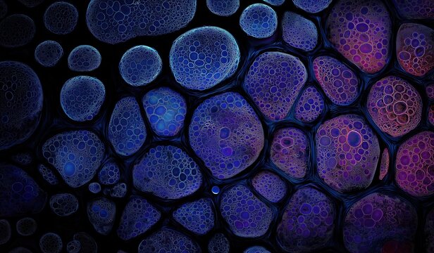 Abstract dark blue and purple background with intricate microscopic cell patterns resembling spheres under electron microscope, creating depth and illusion of miniature worlds within each bubble