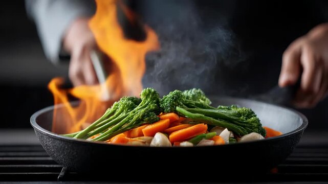 Fresh broccoli and carrot vegetable stir fry cooking in hot pan with flame and steam creating healthy vibrant kitchen scene
