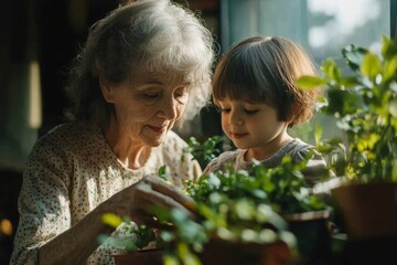 Senior grandmother and granddaughter gardening on a balcony in summer, demonstrating the joys of gardening and spending quality time together, Generative AI