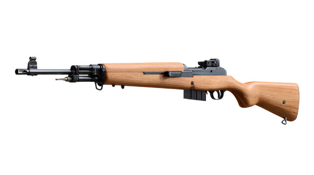 Military Rifle on Display: A pristine, high-resolution studio shot showcases a classic military rifle, highlighting its intricate design and robust build.