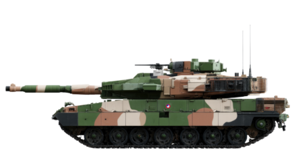 Camouflaged Tank: A modern, military tank stands ready, its camouflaged exterior designed for tactical advantage in diverse terrains. Representing power and technological advancement in armed defense.