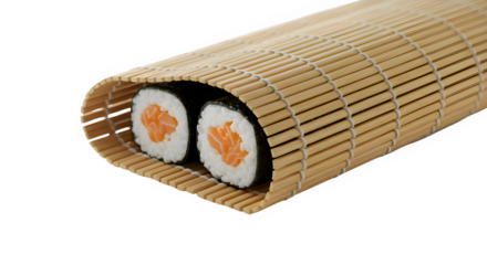 Salmon sushi roll on a bamboo mat, isolated on white background