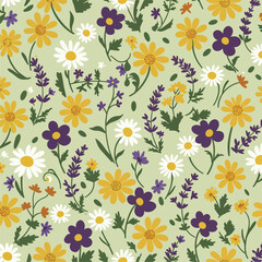 Lovely floral pattern with daisies, lavender, and wildflowers for fabric design and spring projects