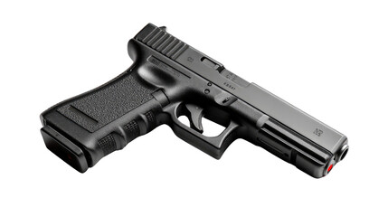 Black Pistol's Silhouette: A detailed view of a sleek, black pistol. Capturing the cold, hard lines and industrial design of the weapon, evoking feelings of danger and protection.