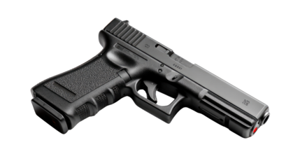 Black Pistol's Silhouette: A detailed view of a sleek, black pistol. Capturing the cold, hard lines and industrial design of the weapon, evoking feelings of danger and protection.