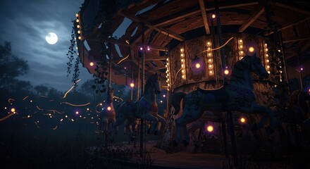 A carousel with lights is illuminated at night under a full moon.