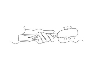 Abstract guitar neck with hand, music, musician,guitarist, continuous single line art drawing sketch, logo