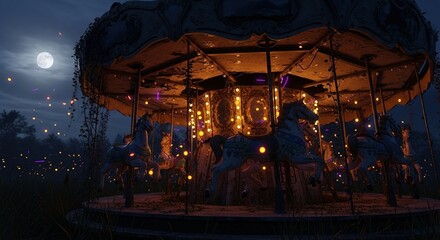 Fototapeta premium Carousel with horses illuminated at night under a moonlit sky.