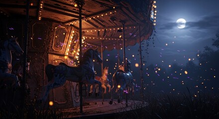 Obraz premium Carousel with horses illuminated at night with moon in background.