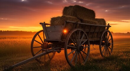 Fototapeta premium Hay wagon loaded with hay bales at sunset in a rural field capturing the essence of farming and harvest