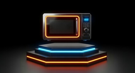 Modern Microwave Oven on Illuminated Hexagonal Display Stand