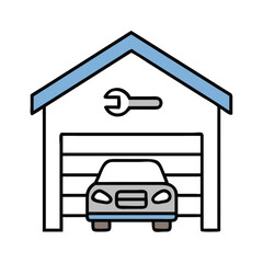 An illustrated garage with a car inside, featuring repair tools, represents automotive care and maintenance services, an emblem of convenience and reliability.