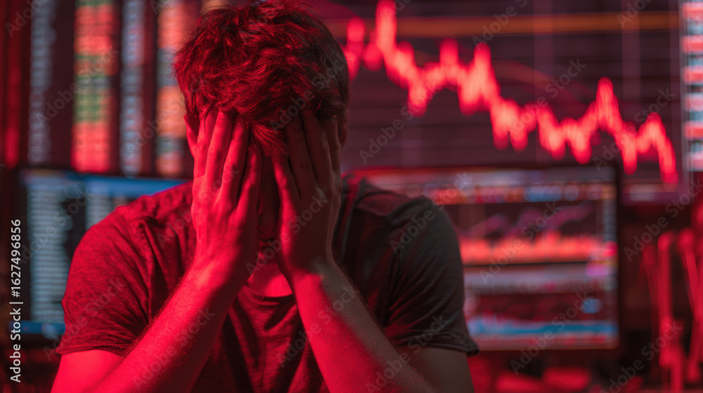 Aufkleber stressed stock exchange trader experiences frustration while analyzing market trends, surrounded by 