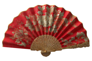 Elegant Red Hand Fan with Floral Design Vintage Style Accessory Decorative Art Gold Accents Oriental