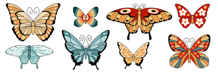 Groovy butterfly set with monarch and stripes, geometric pattern wings, moth with eye spots and flower design, luna with circles and floral wing, starry patterns and swirls for hippie style art