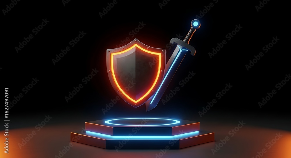 Poster neon glowing shield and sword on hexagonal platform