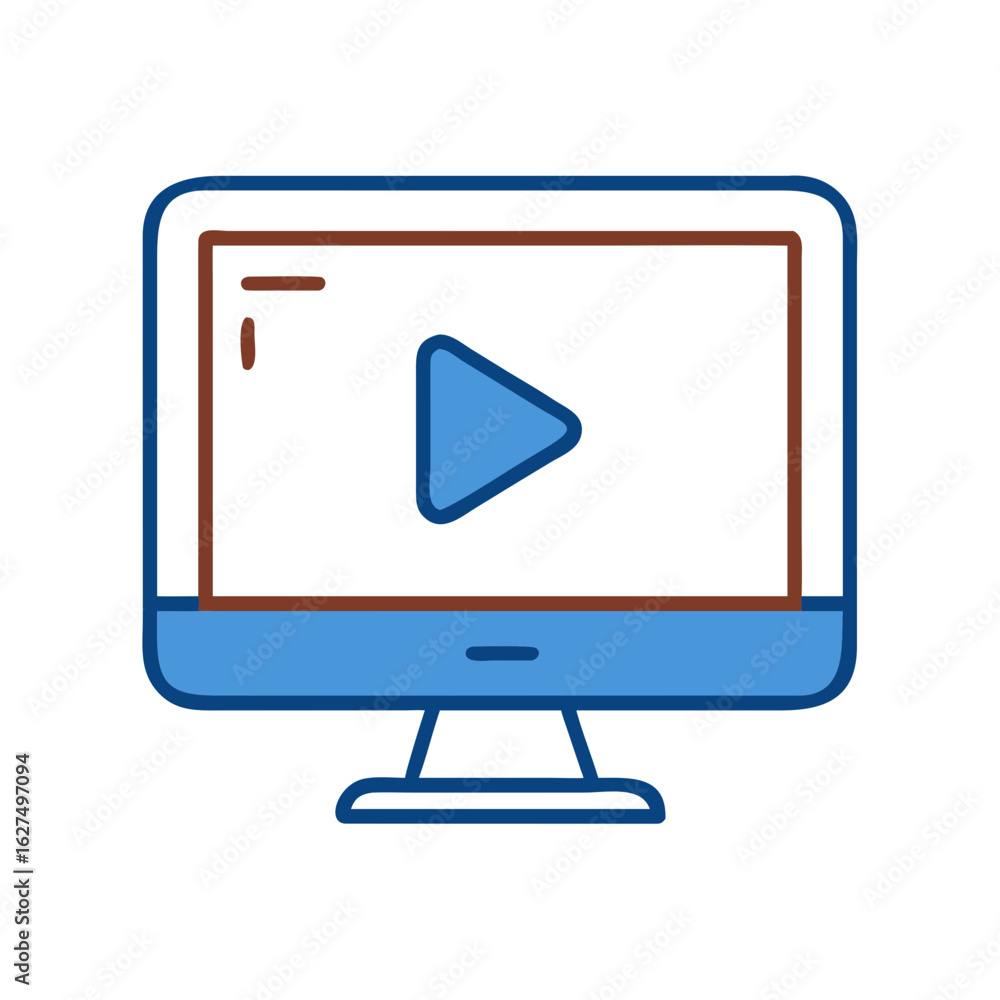 Poster a modern computer monitor showcases an embedded video player icon, in a simple and minimalist illust