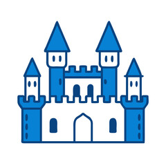 A stylized medieval castle, illustrated with crisp, clean lines in a vibrant and eye-catching blue and white. A perfect illustration of heritage.