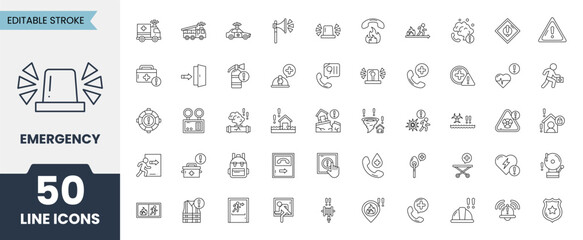 Emergency line editable icon set. Containing evacuation, emergency call, ambulance, help, hospital, emergency hotline and more. Editable stroke. Vector illustration