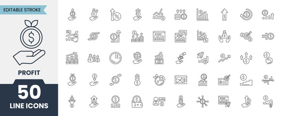 Profit icon set. Containing money savings, finance, cash, financial growth, investment, payment, earnings and more. Editable stroke