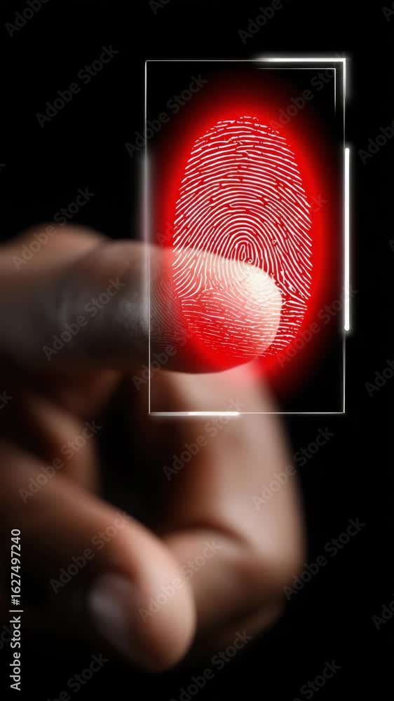 Poster fingerprint biometric scanning technology with red digital glow for advanced security and digital id