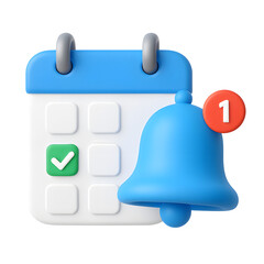 3D illustration of a blue and white calendar with checkmark and notification bell icon, isolated on pure transparent background