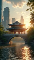 Obraz premium Pagoda-style building on bridge at sunrise in urban skyline