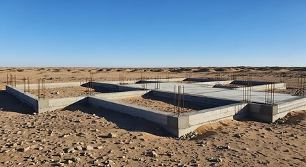 Construction foundation in a desert landscape beneath clear blue sky project advancement