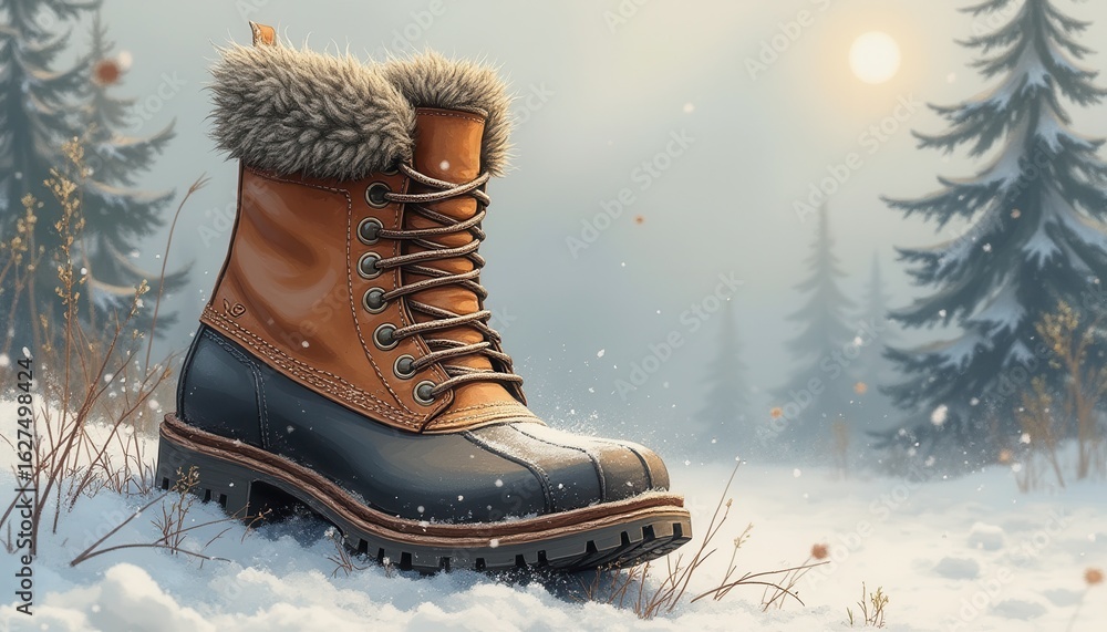 Poster winter boot resting in snow in a serene forest setting