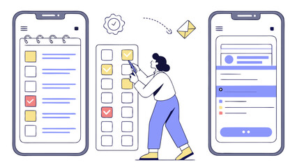 Digital checklist management on mobile devices with a person interacting with tasks and notifications for efficient organization and productivity