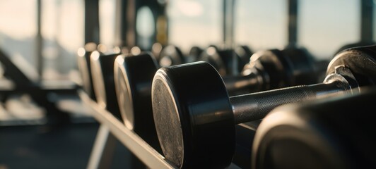 The rows of shiny dumbbells in a modern gym setting at sunset.