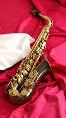 Gold alto saxophone rests on rich red fabric, a white cloth nearby