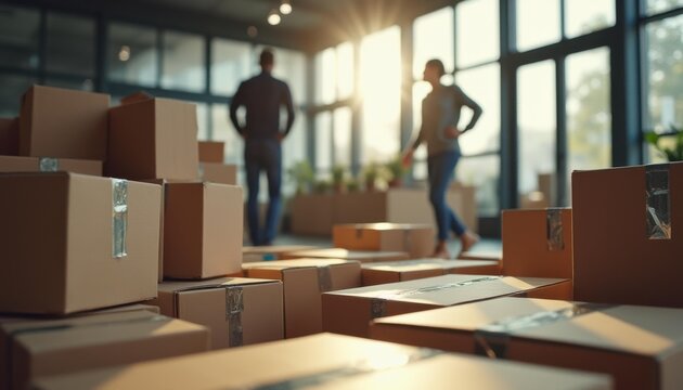Two adults moving cardboard boxes in office space during daytime