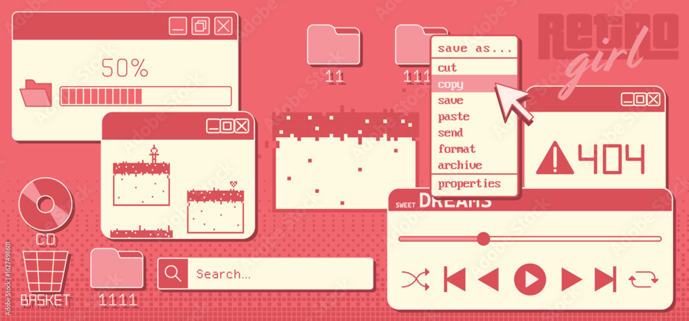 Poster classic retro pc windows - y2k internet design with loading bars, folder icons and dropdown menus fo