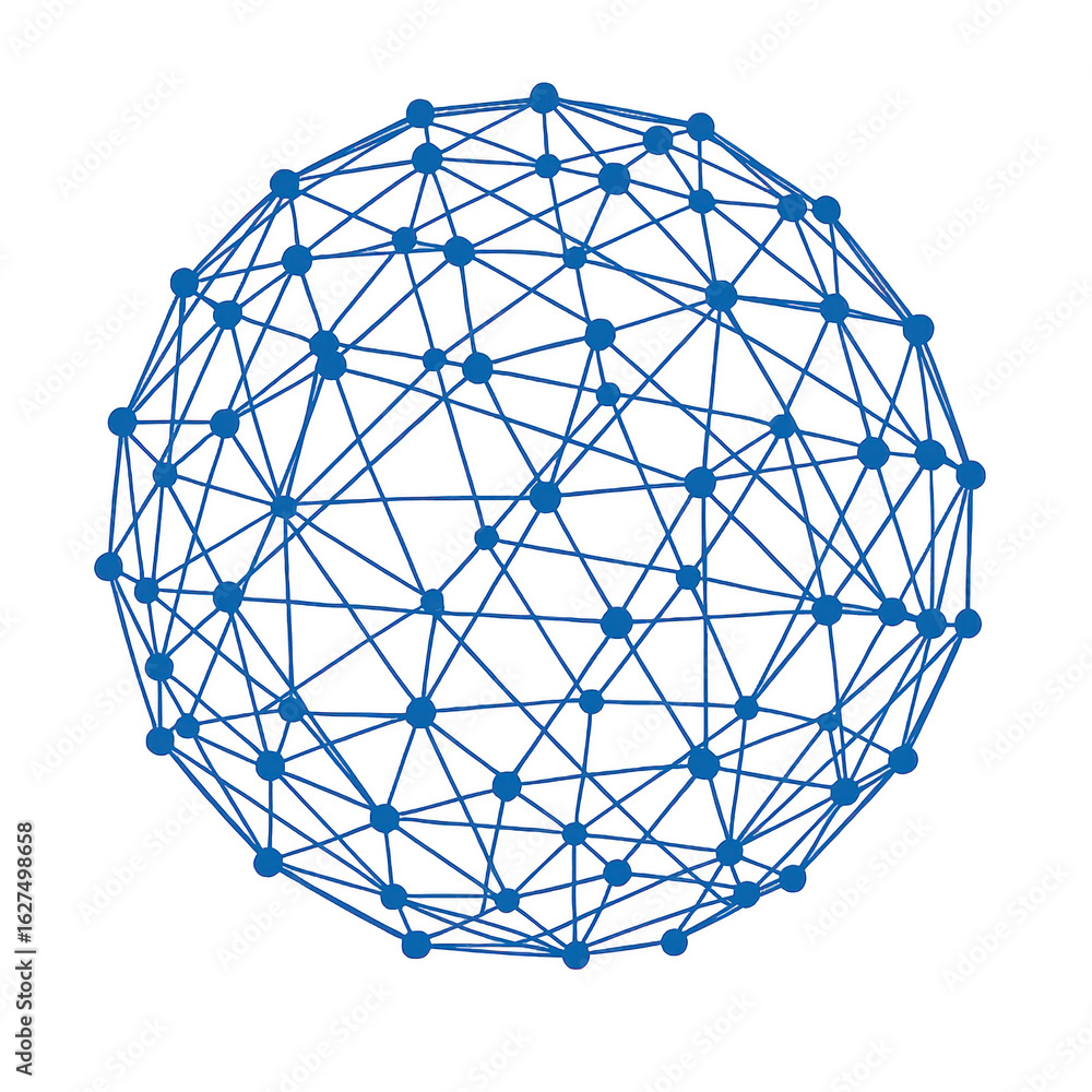 Poster abstract interconnected blue nodes forming a spherical network structure, symbolizing global connect