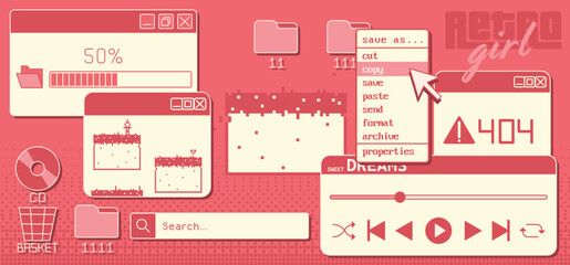 Classic retro pc windows - y2k internet design with loading bars, folder icons and dropdown menus for nostalgic UI. Music player controls with CD disk, search bar and error alerts for vintage layouts.