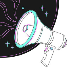 Illustrative megaphone with glowing outline and star background  