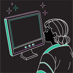 Young woman looking at glowing computer screen in minimalist style  