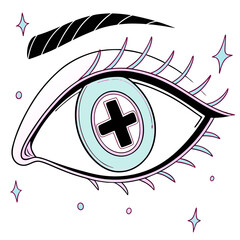 Eye graphic with plus sign and eyelash details in colorful style  