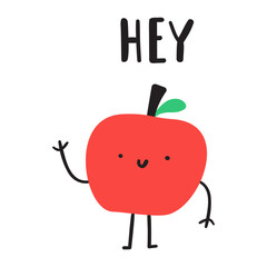 Obraz premium Funny apple say Hey. Cute friendly character. Vector design. Hand drawn illustration on white background.