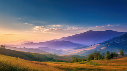Fototapeta premium Serene Sunset Over Rolling Hills and Mountains Generative AI