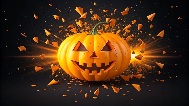 Halloween pumpkin exploding with dramatic light effect on dark background