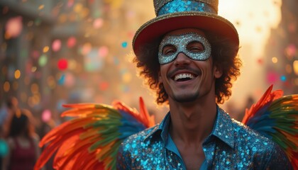 Fototapeta premium Happy young Hispanic man celebrating outdoors with colorful wings