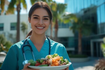Nurse having a healthy lunch in front of a hospital building, taking a break from work to refuel and recharge, promoting the importance of self-care for healthcare workers, Generative AI