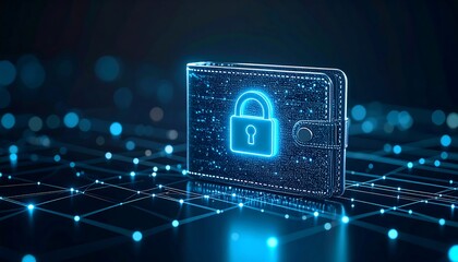 Glowing digital wallet with padlock, reflecting on a dark, gridded surface