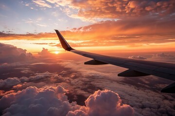Naklejka premium Airplane wing soaring through a vibrant sunset over fluffy clouds during a breathtaking flight