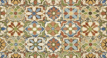 Intricate floral geometric patterns on square tiles, reminiscent of vintage artisanal craftsmanship