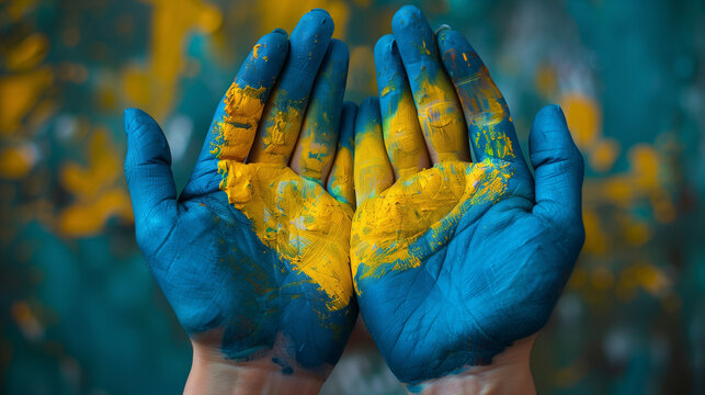 Love Ukraine concept. hands in heart form painted in Ukraine flag color - yellow and blue - Powered by Adobe