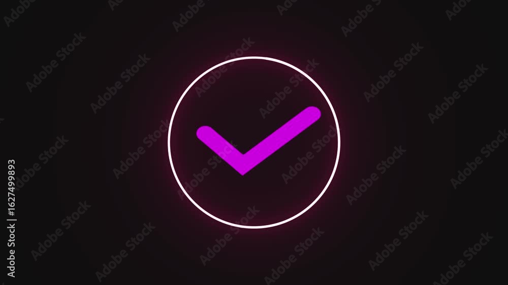 Poster neon purple checkmark animation for user interface and technology presentations in 4k resolution. an