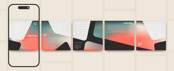Modern carousel social media post templates with flowing abstract shapes and gradient overlays. Mobile mockup with swipeable cards with organic forms and text placeholders for content creators.
